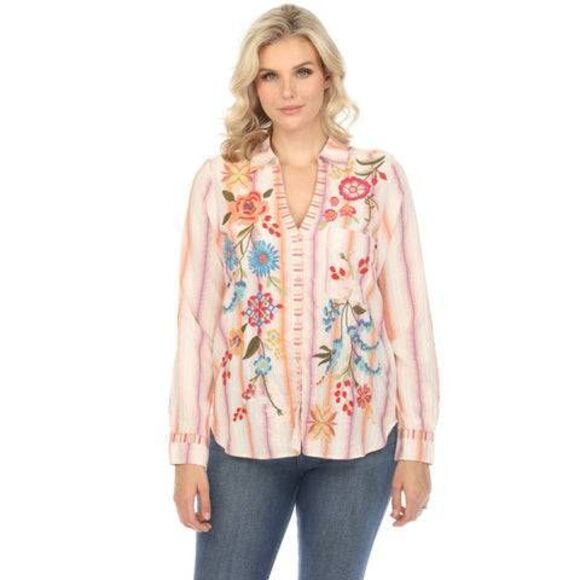 Johnny Was Tops - Johnny Was Workshop Stripe Dionne Relaxed Shirt Floral Embroidered Boho Chic